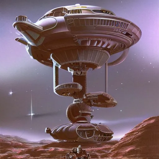 Image similar to By Jim bush and ed repka, air brush illustration, matte painting of a vintage alien ship landing on an alien planet, humans waiting for them in spacesuits on the ground, retro futuristic, science fantasy, symmetry accurate features, very intricate details, artstation