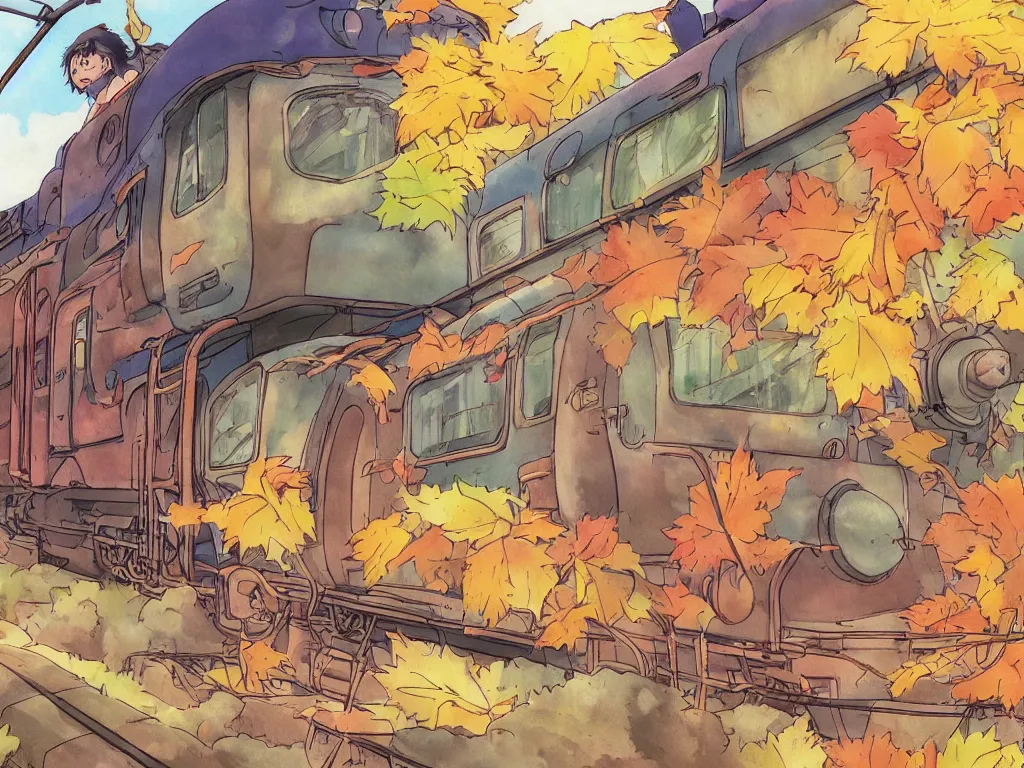 Image similar to sideview of a anime train, illustration, autumn light, colorful, beautiful, inspired by studio ghibli, inspired by hayao miyazaki, concept art, manga, cute and adorable