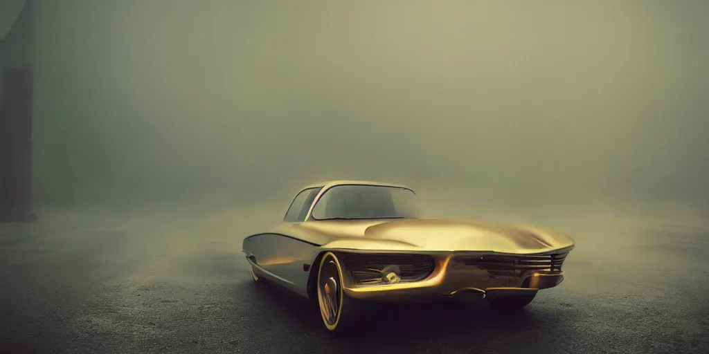 Image similar to parked retro futuristic vintage car, fog, rain, volumetric lighting, beautiful, golden hour, sharp focus, highly detailed, cgsociety