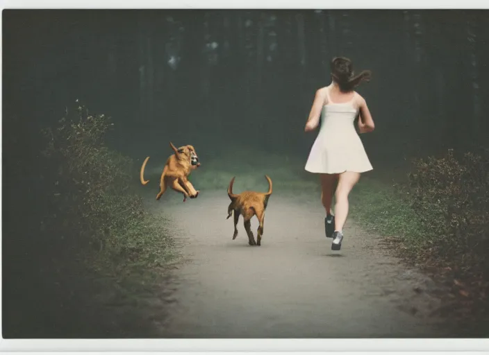 Prompt: medium shot, a young woman running towards the camera, a demon hound is chasing her, woods, polaroid photo, vintage, neutral colors, by gregory crewdson