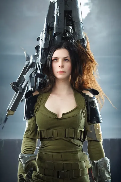 Prompt: portrait photo of beautiful young female, clothed in military armor, long hair blowing in the wind, from metal gear. Future war zone behind her. by Anita Sadowska