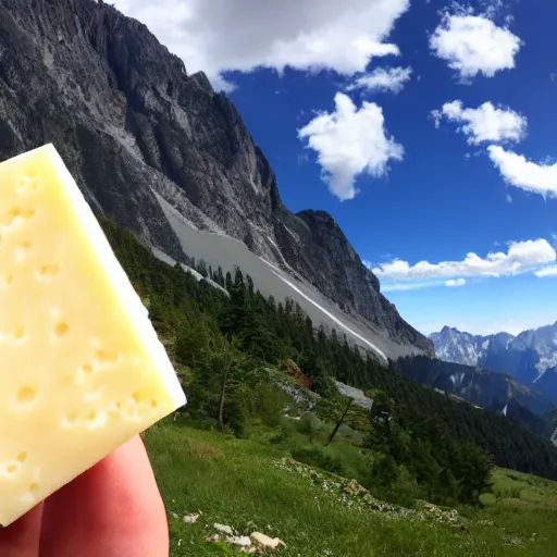 Prompt: i giant piece of swiss cheese in a beautiful mountainous landscape