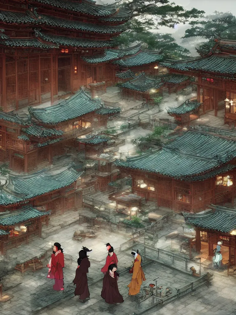 Image similar to Tea houses in ancient China are full of traffic，Epic image quality，Makoto Shinkai style