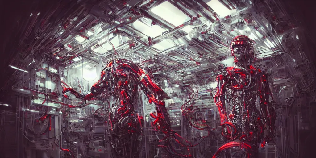 Image similar to cyborg in the data center, wired to the equipmen, red biomechanical details, wearing epic bionic cyborg implants, inflateble shapes, masterpiece, intricate, biopunk, highly detailed, artstation, concept art, cottage core, cinematic focus, polaroid photo, bleached, vintage, high - key lighting, soft lights, foggy, by tarkovsky, 8 k