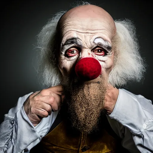 Prompt: an very old clown with a big nose of an alcoholic, fierce look, studio photograph, soft lighting