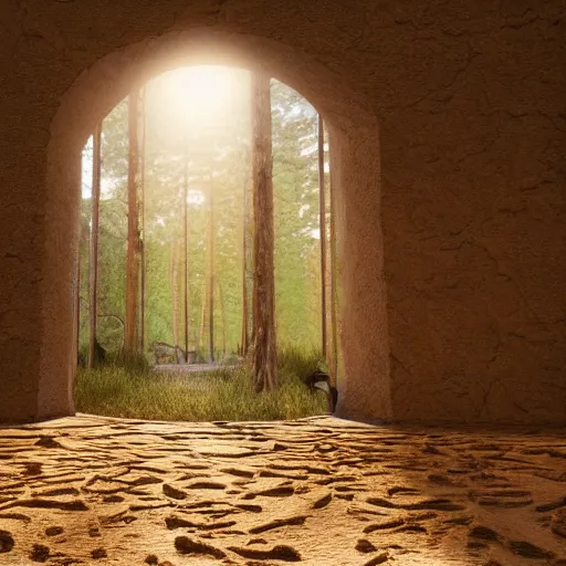 Image similar to photorealistic singular opened door in the middle of a forest that opens to a desert, dynamic lighting, cinematic, ray tracing, sun rays, hyper realism, fantasy concept art