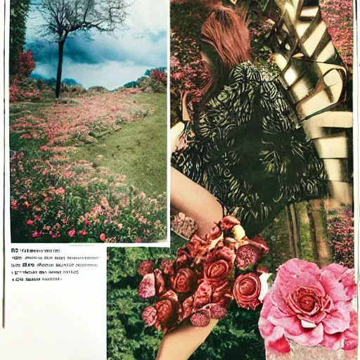 Image similar to a beautiful aesthetic!!! collage, rolling coherent! arcadia landscape, made in a magazine clipping collage style, cutout, clippings of a fashion magazine, made by a depressed art student