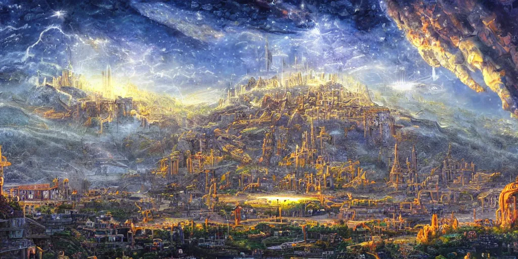 Prompt: fantasy oil painting, gleaming silver mega structure city, antep, argos, indore, kailasa, ellora, hybrid, looming, small buildings, warm lighting, street view, overlooking, epic, interstellar space port launching dock, distant mountains, bright clouds, luminous sky, cinematic lighting, michael cheval, david palladini, oil painting, natural tpose