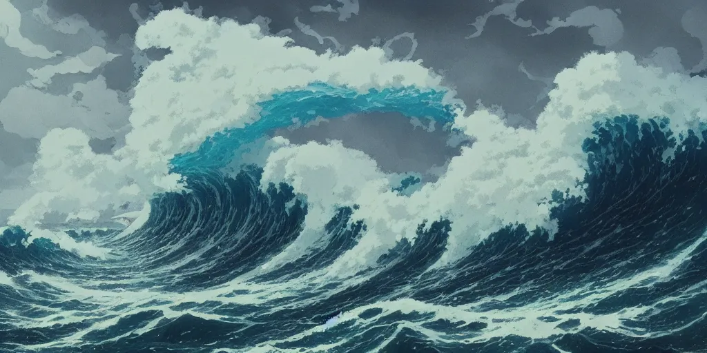 Image similar to A fishing boat rides a huge wave in a stormy sea, an intense storm blacks out the sky, fork lightning, dark and epic, Greg Rutkowski and Studio Ghibli