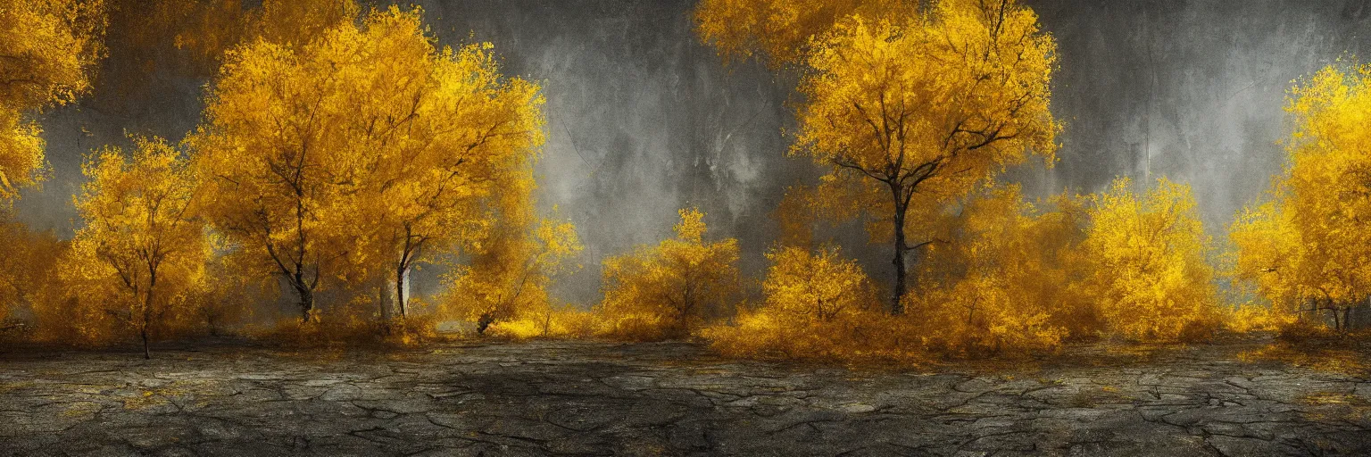 Prompt: michal karcz grunge painting of a beautiful landscape, yellow trees, detailed, elegant, intricate, 4k,