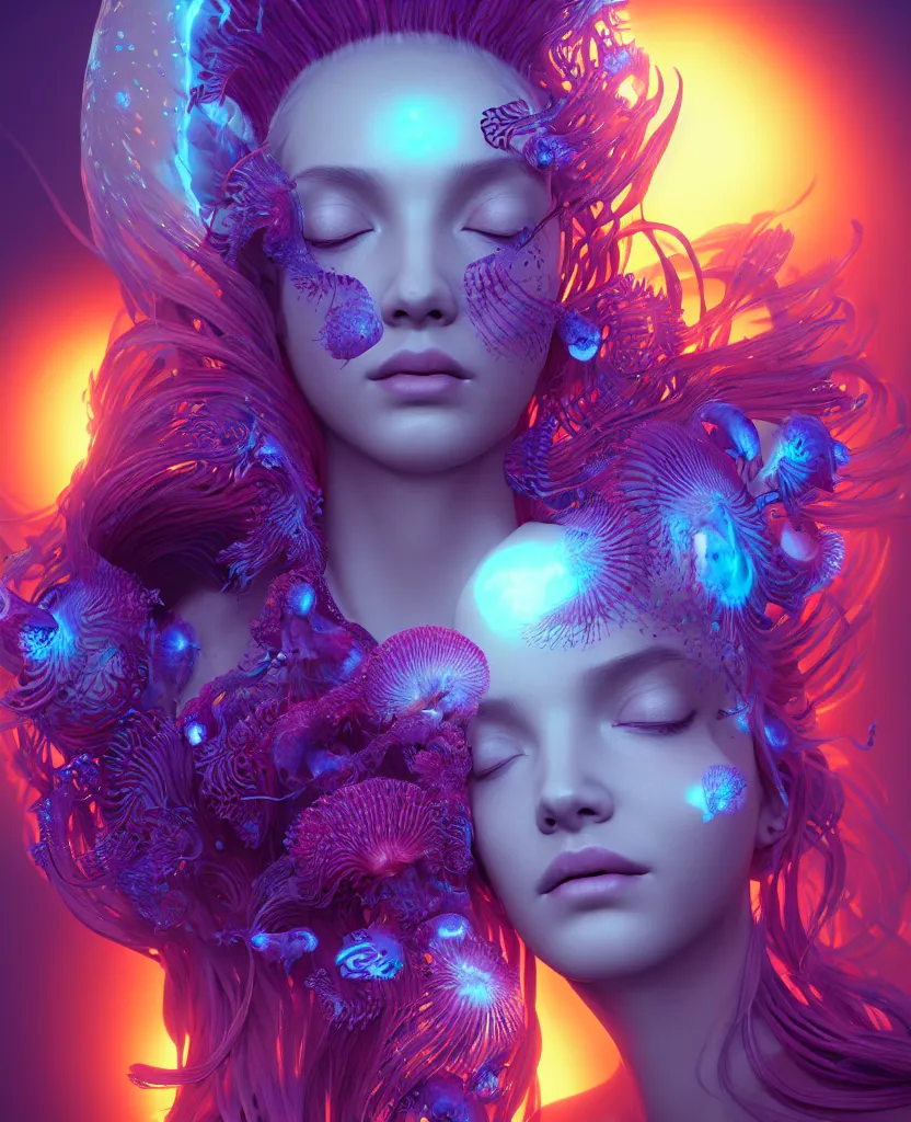 Image similar to goddess close-up portrait. orchid jellyfish phoenix head, nautilus, skull, betta fish, bioluminiscent creatures, intricate artwork by Tooth Wu and wlop and beeple. octane render, trending on artstation, greg rutkowski very coherent symmetrical artwork. cinematic, hyper realism, high detail, octane render, 8k