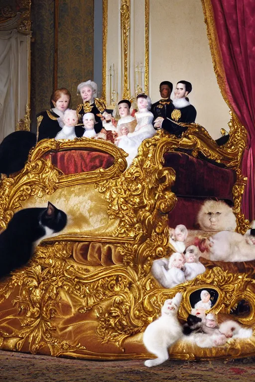 Image similar to a portrait of a royal cat and his family, on an embroidered velvet cushion on a neo - rococo gilded little bed, by yousuf karsh, photorealistic, photography, wide shot