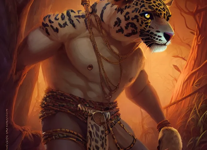 Image similar to character portrait feature of the anthro male anthropomorphic jaguar fursona animal person wearing jaguar fur body shaman tribal outfit robes belt standing in the amazon rainforest, well framed character design stylized by charlie bowater, ross tran, artgerm, makoto shinkai, detailed, soft lighting, rendered in octane