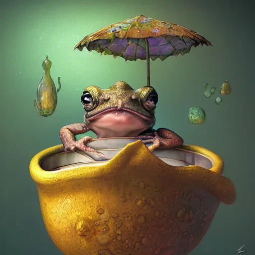 Image similar to long shot of a crazy toad baby sitting in a searose cup, by esao andrews, by m. w. kaluta, very humorous illustration, small depth of field, perspective perception, volumetric light, psychedelic colors, 3 d octane render, 8 k, conceptart, hyperdetailed, hyperrealistic, trending on artstation