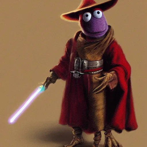 Prompt: gonzo the muppet dressed as a jedi master in the style of odd nerdrum