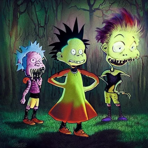 Image similar to “ the rugrats as monsters, gothic horror style, lens flare, award winning, hd 4 k ”