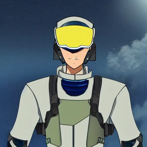 Prompt: a futuristic soldier captain with a ballistic visor and a blue shoulderpad in anime style