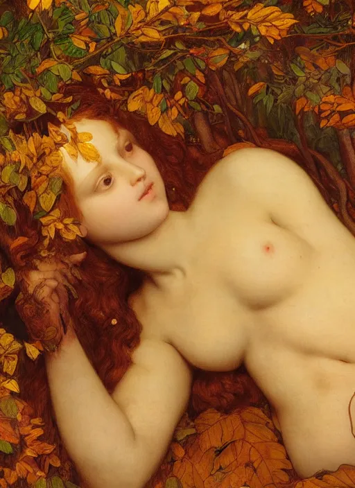 Image similar to masterpiece beautiful seductive flowing curves preraphaelite face portrait amongst leaves, extreme close up shot, straight bangs, thick set features, yellow ochre ornate medieval dress, laying amongst foliage mushroom forest circle arch, frederic leighton and kilian eng and rosetti, 4 k