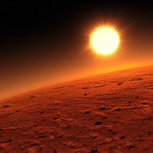 Image similar to epic picture of the sun on the horizon of the first human civilization on mars, high detail, 8 k