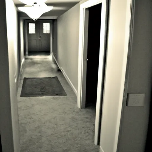 Image similar to view from the bed looking towards the hallway door at night with a shadow person standing at the door, photography