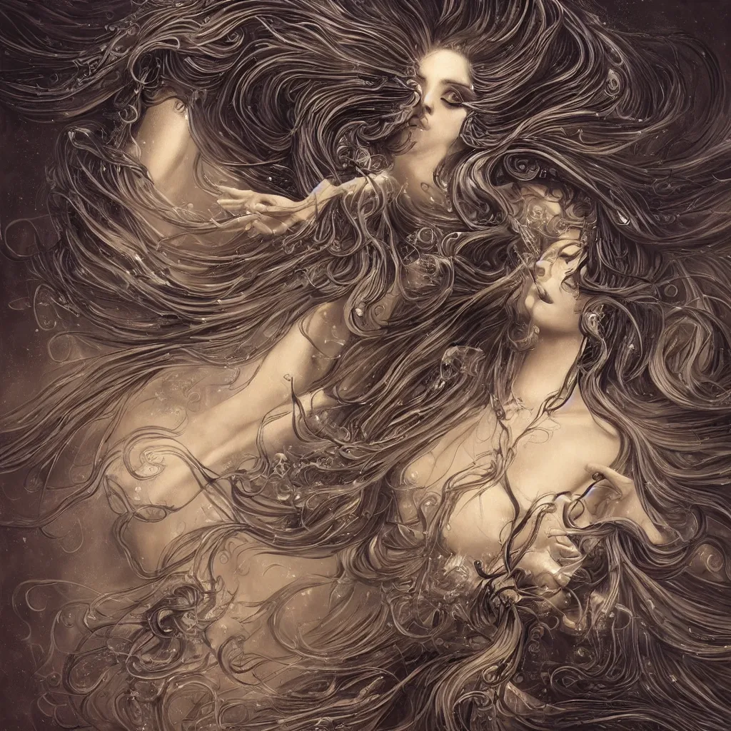 Prompt: goddess dancing in the dark, flowing hair, fantasy, surreal, intricate and very beautiful and elegant, highly detailed, digital painting, trending on artstation, concept art, smooth and sharp focus, illustration, art by dali