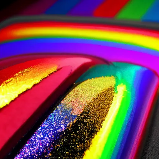 Image similar to hyperrealistic photo of rainbow combat boots made out of glitter, unicorn tears, and stardust, single object on black ground, high resolution, 8 k,