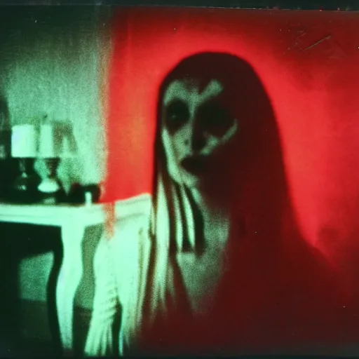 Image similar to a dark film still of lady with demonic possession, big budget horror, a polaroid photo, bleeding decaying colors!