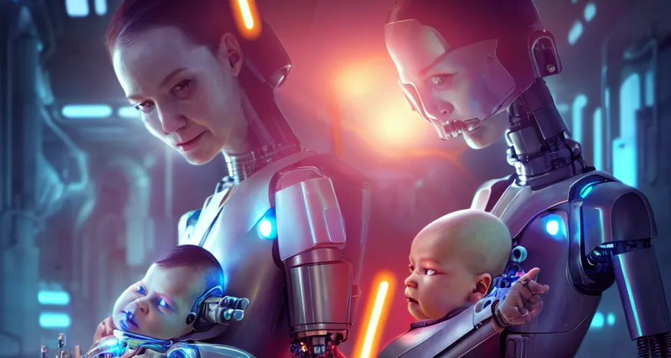 Image similar to a very realistic movie still of a cyborg woman holding a new born cyborg baby in a cyborg factory, highly detailed faces, render by beeple, syd meade, starwars, space art concept, sci - fi, digital art, unreal engine, wlop, trending on artstation, 4 k uhd image, octane render