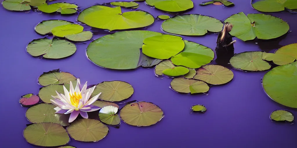 Image similar to hand holding water lily, studio shot, night dramatic lighting, blue, yellow and purple tones, wide camera angle, matte painting, trending on ArtStation, concept art, delightful surroundings, high detail, sharp contrast, ray tracing, picturesque artwork by Mike Winkelmann, artwork by Ridley Scott, 4K, 8K, super graphically realistic detailed, high definition, HDR