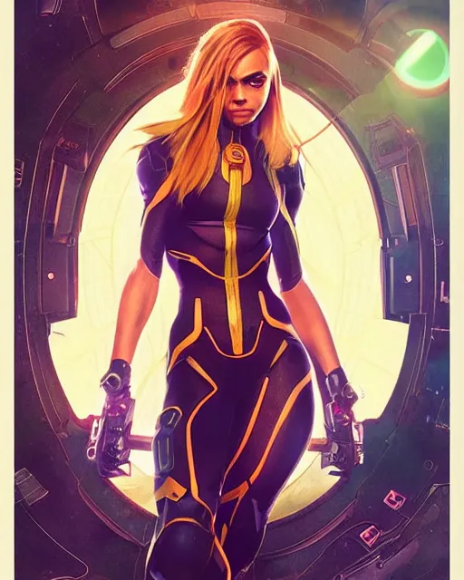 Image similar to Symmetric movie poster of Cara delevingne as Samus Aran , Marviel Style cover art, ultra wide lens shot,cinematic lighting, beautiful,art by Artgerm and Greg Rutkowski and Alphonse Mucha