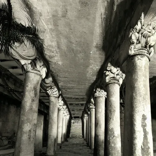 Image similar to the colonnade of the ancient cathedral in the jungle, death