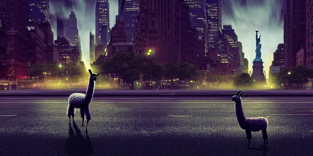 Image similar to a llama walking through a desolate manhattan city street at night, statue of liberty seen in the background, realistic 4 k octane beautifully detailed render, 4 k post - processing, highly detailed, detailed face, intricate complexity, epic composition, magical atmosphere, cinematic lighting, masterpiece, color picture, ultra hd