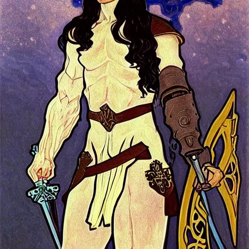 Image similar to painting of young handsome beautiful paladin elf!! man with long! wavy dark hair and blue eyes in his 2 0 s named taehyung minjun james fighting goblins, pale, wearing armor!, gorgeous hair, elf ears, icy eyes, elegant, cute, delicate, soft facial features, art by alphonse mucha, vincent van gogh, egon schiele,