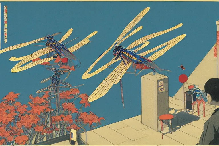 Prompt: gigantic dragonflies with human faces catch tiny robots, a lot of exotic mechas robots around, human heads everywhere, risograph by kawase hasui, edward hopper, satoshi kon and moebius, colorful flat surreal design, super - detailed, a lot of tiny details, fullshot