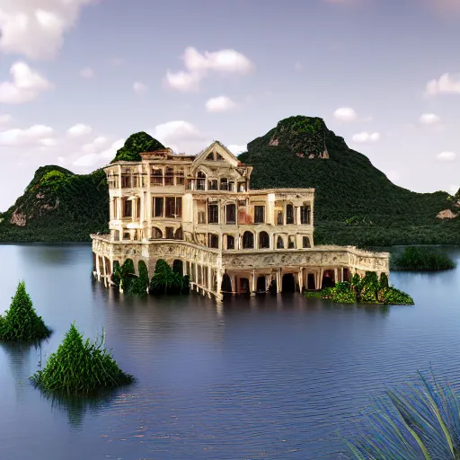 Image similar to fractal villa on edge of a lake, photorealistic, cinematic, volume light, rendered in octane, artstation