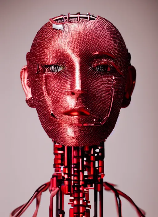 Image similar to a fashion portrait photograph of a robot head art directed by Alexander McQueen, red color palette, 35mm, pentax, studio lighting