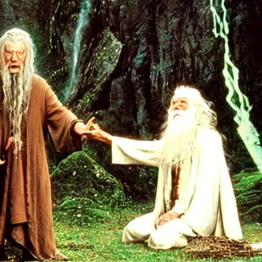 Image similar to gandalf doing a shamanic ritual with frodo in the movie lord of the rings, ayahuasca, dmt, magic mushroom, ultra realistic