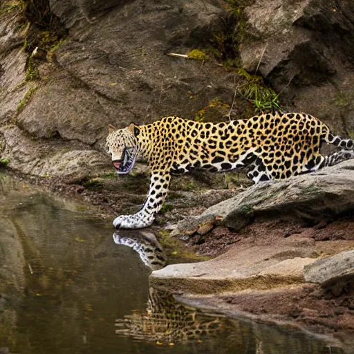 Prompt: nature photography, jaguar drinking from riverbed, 8k, award winning