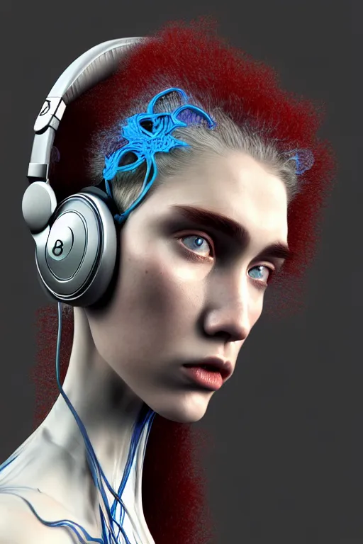 Prompt: complex 3d render ultra detailed of a beautiful porcelain profile Grimes face with long hair and headphones by beats by dre, biomechanical cyborg, analog, 150 mm lens, beautiful natural soft rim light, big leaves and stems, roots, fine foliage lace, red blue silver details, massai warrior, Alexander Mcqueen high fashion haute couture, pearl earring, art nouveau fashion embroidered, steampunk, intricate details, mesh wire, mandelbrot fractal, anatomical, facial muscles, cable wires, microchip, elegant, hyper realistic, ultra detailed, octane render, H.R. Giger style, volumetric lighting, 8k post-production