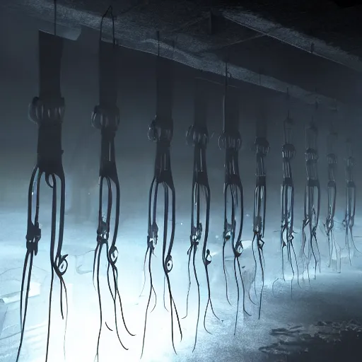 Prompt: illustration of rows of limp homunculus hanging like clothing in an ice box, rolling fog, cyberpunk, dystopian, dramatic lighting, unreal engine 5