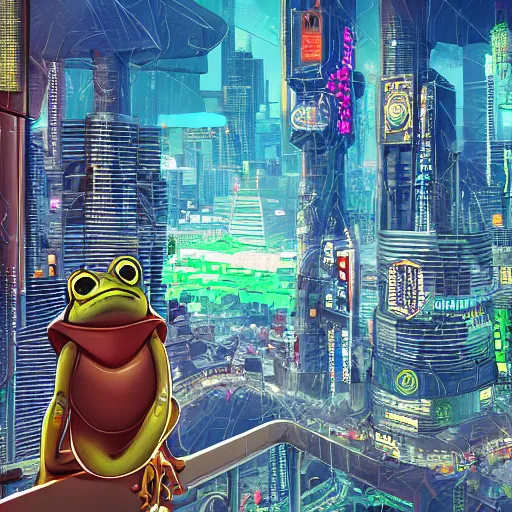 Prompt: frog looking over cyberpunk city, highly detailed, vector art, digital painting, hdr, raytracing, art by george warner allen, henry anderton