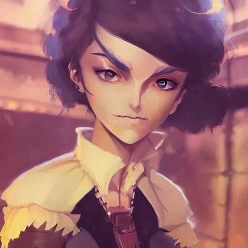 Image similar to a girl with dark skin, yellow eyes, short white hair, wearing steampunk attire, highly detailed, digital painting, artstation, matte, by makoto shinkai, animation style