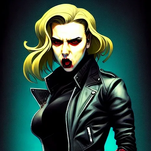 Prompt: rafael albuquerque comic art, peter mohrbacher, steve niles, artgerm, pretty scarlett johansson vampire sharp vampire teeth open mouth, symmetrical eyes, black leather jacket, jeans, long blonde hair