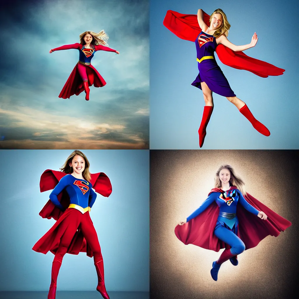 Prompt: supergirl flying through the air digital photography, soft, studio lighting
