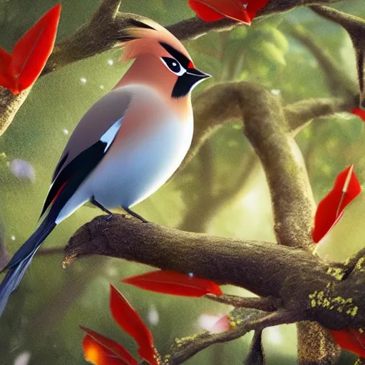 Prompt: ethereal bohemian waxwing bird, bombycilla garrulus, hd wallpaper, octane render, highly detailed, fantasy forest, realistic,