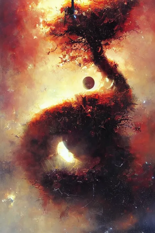 Image similar to we are the source of all sin, we are the stars in the sky, death and rebirth in the line, the sun and the moon and the end of of all time!, by ryohei hase, by john berkey, by jakub rozalski, by john martin