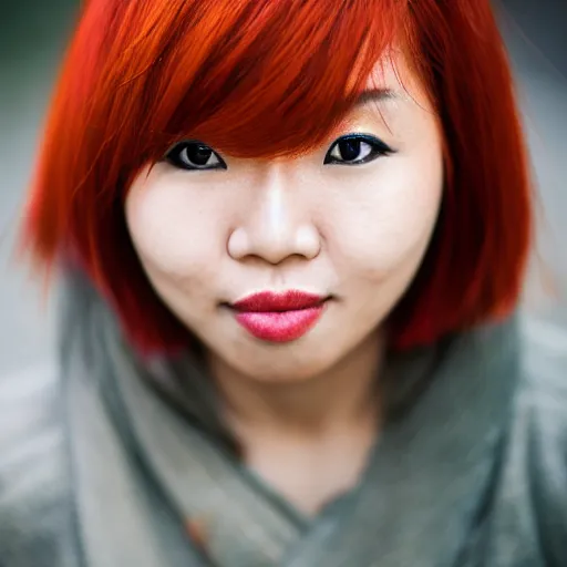 Prompt: Redhead asian woman, EOS-1D, f/1.4, ISO 200, 1/160s, 8K, RAW, unedited, symmetrical balance, in-frame