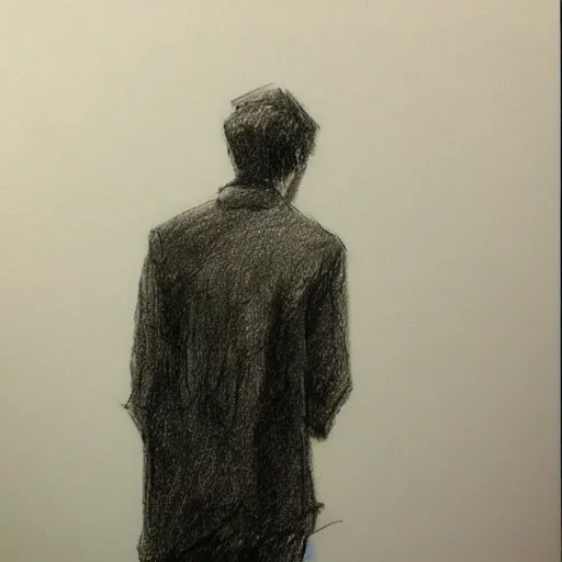 Image similar to a drawn man standing in the rain. pencil sketch.