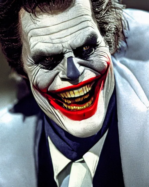 Image similar to a movie still of Batman starring Willem Dafoe as the Joker smiling, 8k, Technicolor, telephoto lens, detailed skin, detailed realistic eyes, medium shot, mid-shot