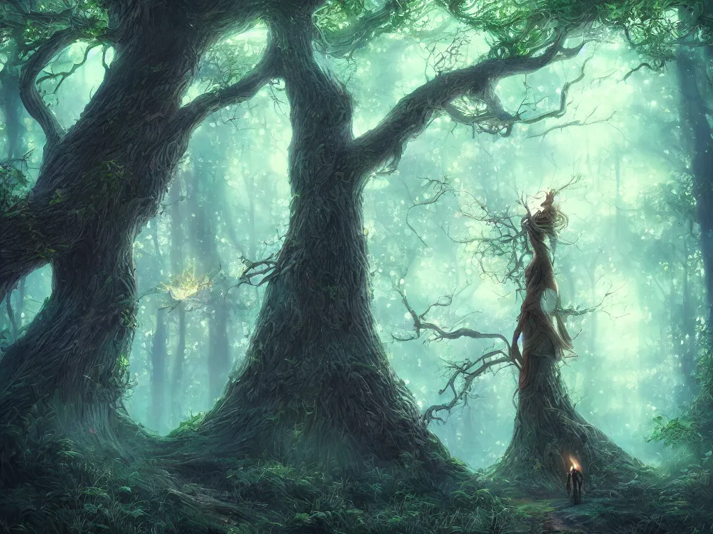 Prompt: Whimsical beautiful painting of a huge Ent standing in a glowing magical forest full of fireflies, cgsociety, trending on artstation